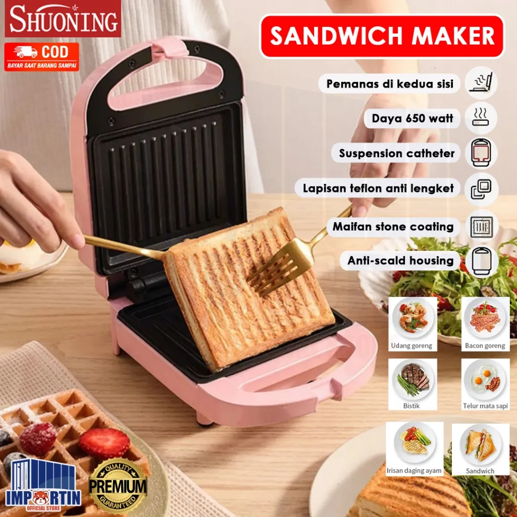 Shuoning Sandwich Maker Pemanggang Roti Toaster Anti Lengket Low Watt Garansi 1 Tahun/ Shuoning Pemanggang Roti Toaster/ Alat Pembuat Toaster Anti lengket Panggangan Roti Sandwich/ Mesin Panggang Roti Praktis