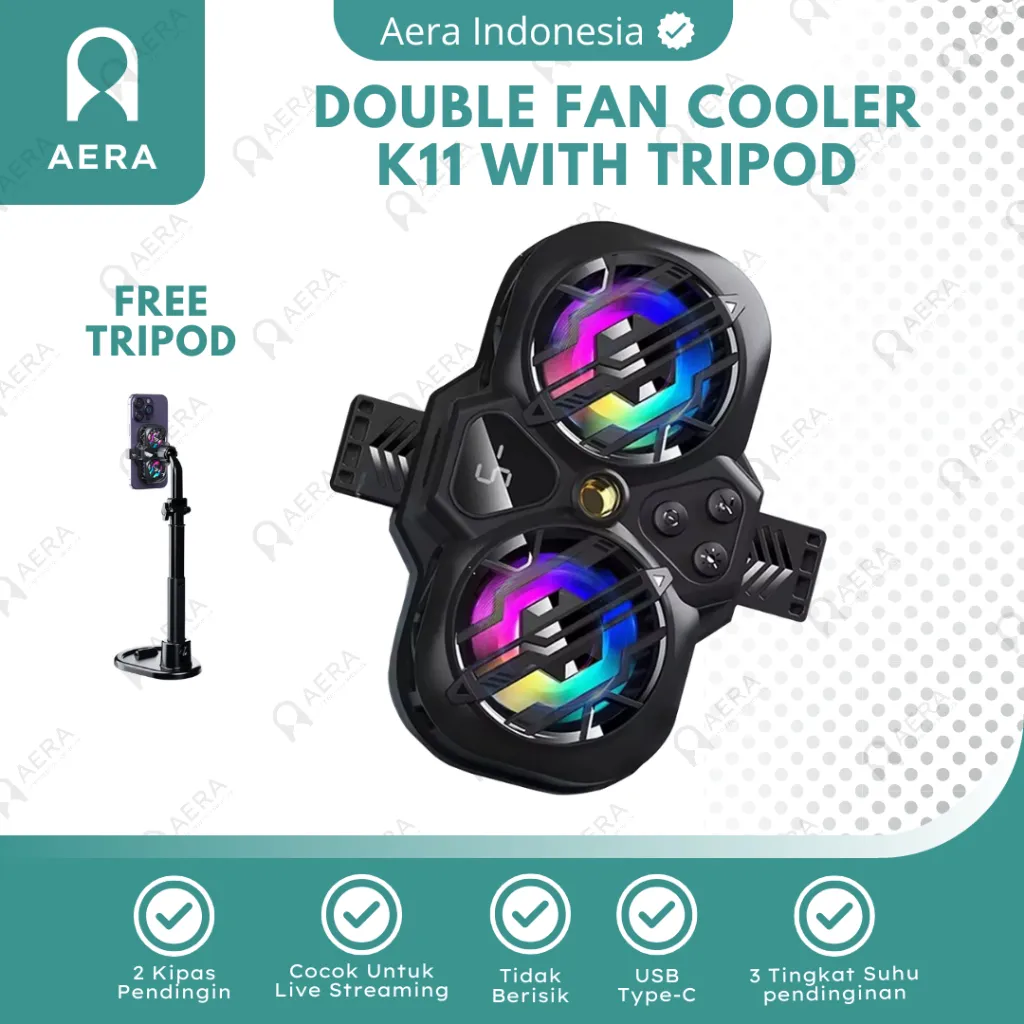 Duoble Fan Cooler HP K11 With Tripod Kipas Pendingin Smartphone Type C | Kipas Semikonduktor Pendingin HP Gaming | Cooling Fan Gaming | Kipas Pendingin HP