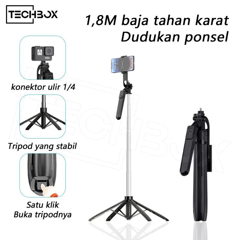 Tech Tongsis Tripod Bluetooth 180CM Paduan Aluminium Selfie Stick 4-leg Stand Remote Tripod HP Kamera DSLR Tongsis dengan Control Bluetooth 7 tombol Tongkat Selfie Portable Adaptor