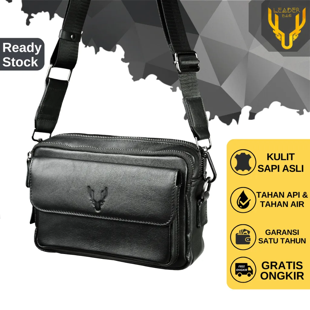 Tas Selempang Pria Kulit Sapi Asli Leaderbag Hitam Waterproof Handbag 2in1 Keren Premium Multifungsi