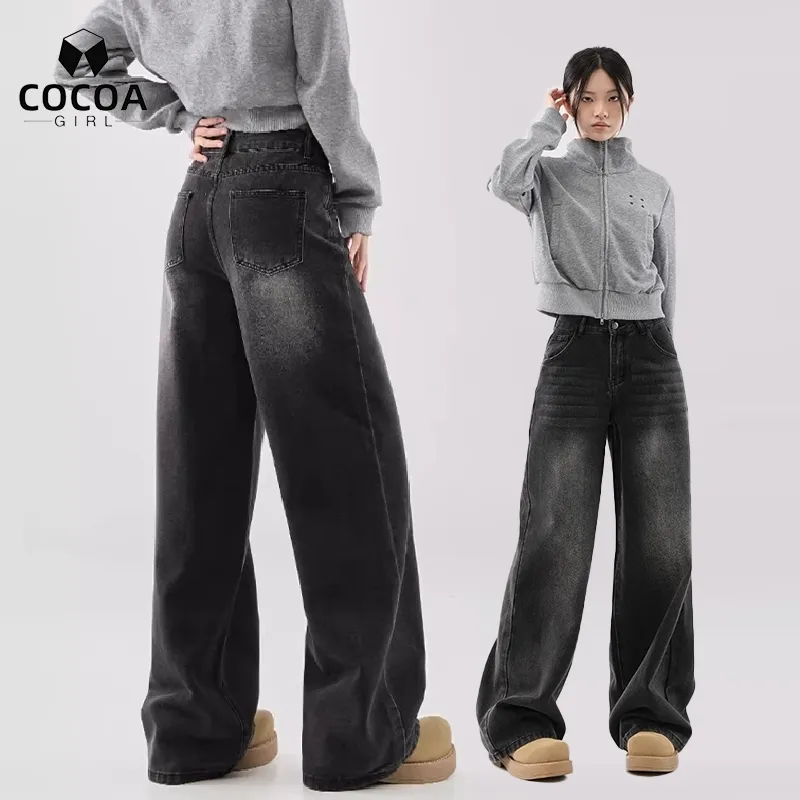 Cocoa Girl Celana Jeans Wanita Hitam Celana panjang wanita korea style celana jeans wanita murah celana baggy pants wanita korean new women's retro loose High Waist Wide Leg jeans