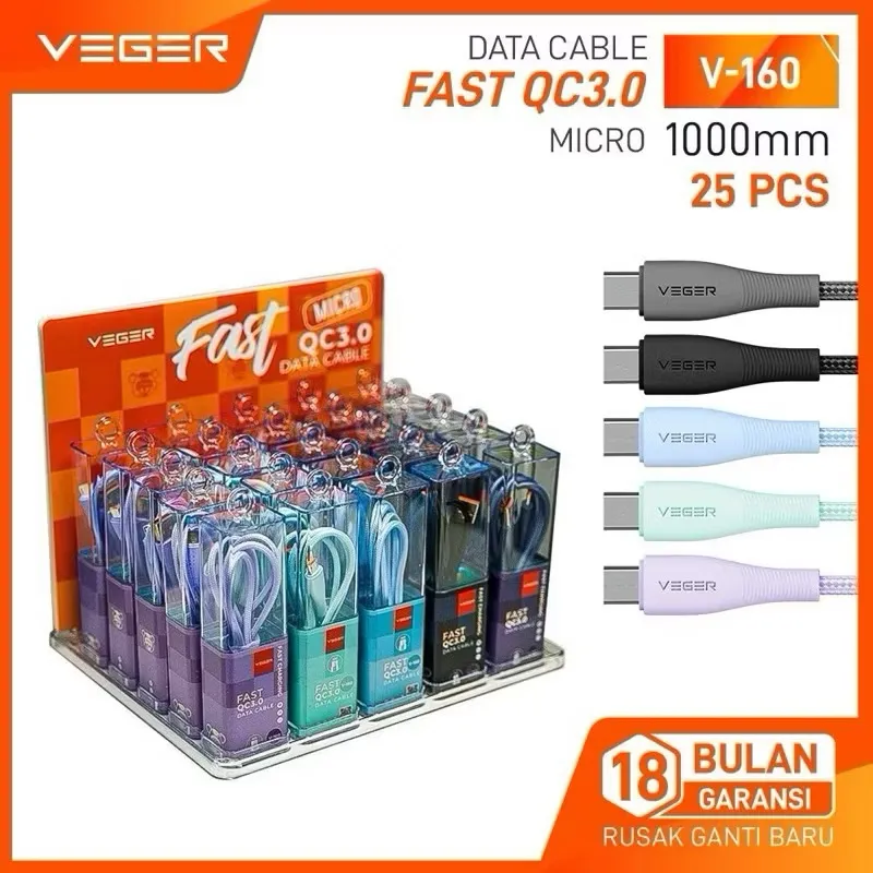 Kabel Data Veger V-160 MICRO USB / V-170 TYPE C / V-180 LIGHTNING USB fast charger QC 3.0A 100cm (1 BOX ISI 25)