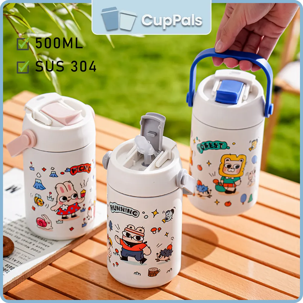 CupPals  Termos Vacuum Ganda Lapisan Stainless Steel 304 500ml, Cangkir Air Anak-Anak Portabel Kartun dengan Sedotan,Tidak bocor, tahan jatuh, dan mudah dibersihkan