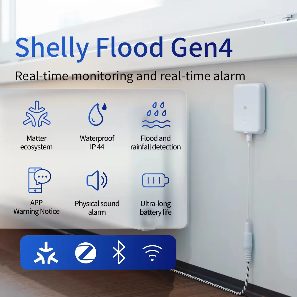 Shelly Flood Gen4 Smart Water Leak Sensor IP44 | Flood & Rain Detection | Leak Sensor Cable | Zigbee | Alexa Google Home