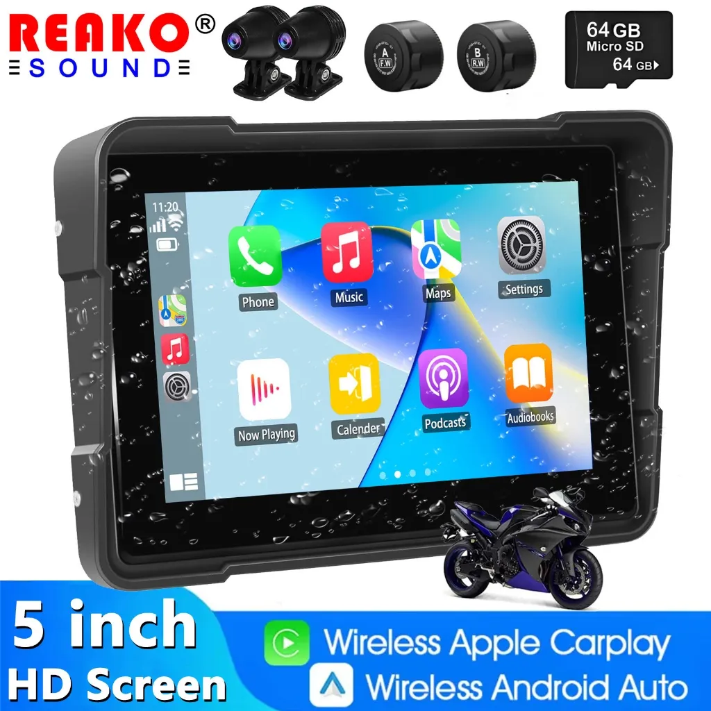REAKO Sistem Navigasi Sepeda Motor carplay sepeda motor TPMS Terkoneksi dengan Telepon Seluler Layar IPS 5 inci Tahan Air IPX8 Asisten Suara HD Pengerekam GPS