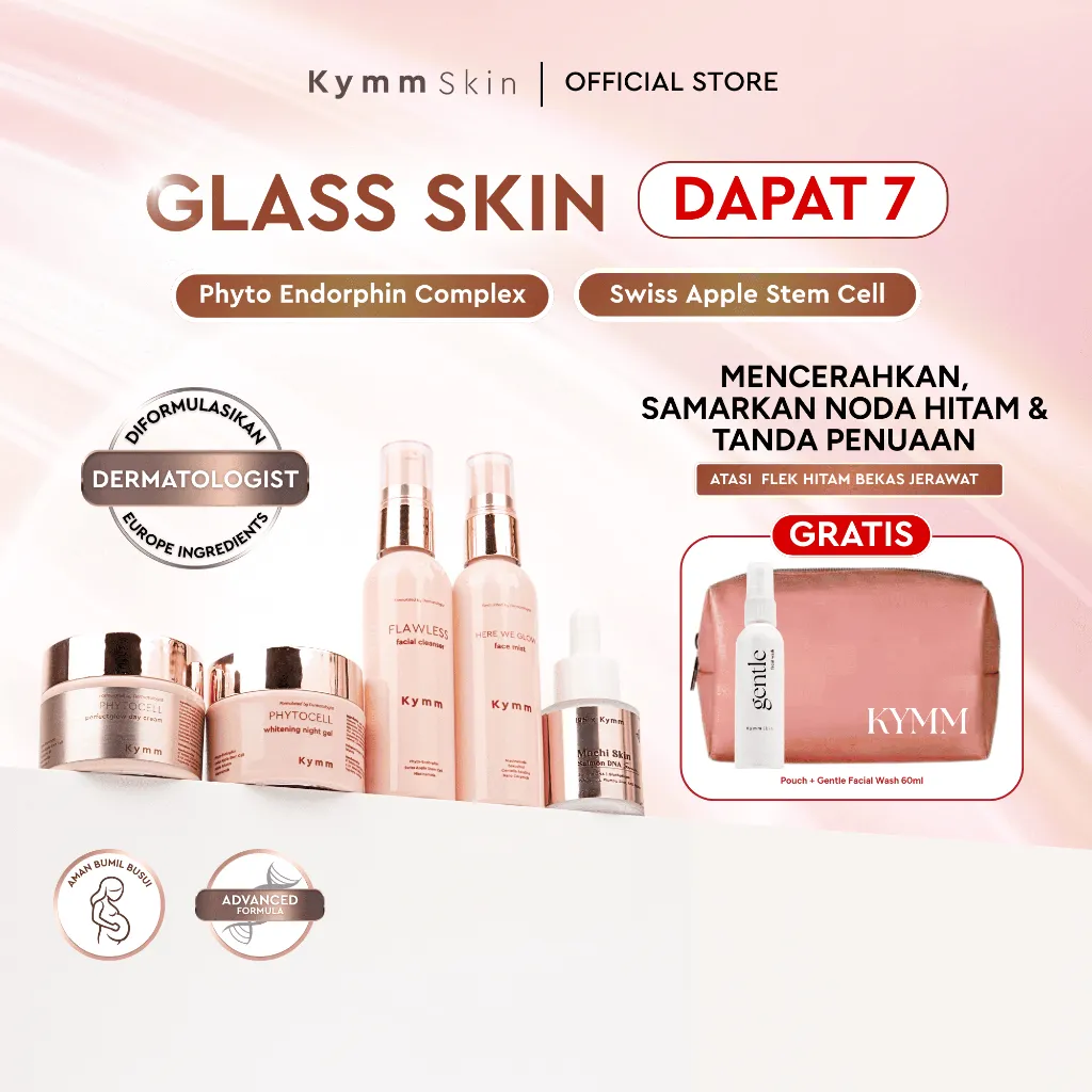 7pcs] [Free Pouch + Gentle Facial Wash 60ml] KYMM SKIN Glass Skin Package with DNA Salmon [Phytocell Face Wash, Face Mist, Day Cream, Night Cream + DNA Salmon Serum]