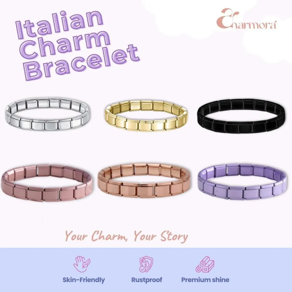 Charmora_id|Italian Charm Bracelet – Gelang Y2K Stainless Steel 18 Pcs Blank Charm