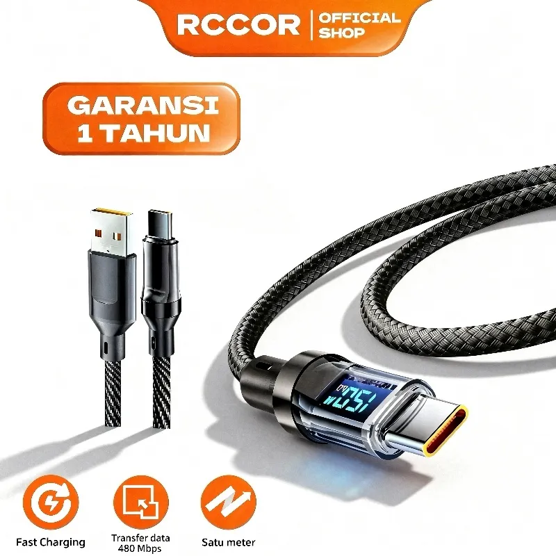 RCCOR Kabel Data Super Fast Charging 100W Max, Tampilan Digital Dinamis, Type-C ke Type-C, Cocok untuk Semua Perangkat Type-C (Huawei, OPPO, Xiaomi)