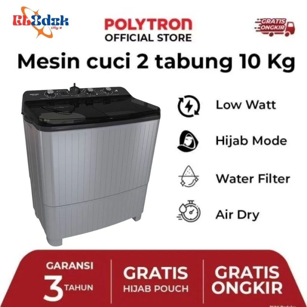 POLYTRON Mesin Cuci 2 Tabung Primadona Giant Series Hijab 10 Kg - PWM 1081Y/V (10KG), PWM-9081Y/V (9KG), PWM-8081Y/V (8KG), PWM-7081Y/V (7KG) - Garansi Resmi