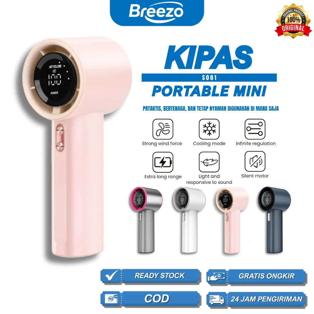 Breezo High Speed Portable Fan Kipas Angin Portable Mini Digital Genggam dengan 100 Level Kecepatan Turbo Wind Power Smart LED Display Desain Elegan dan Baterai Besar S001