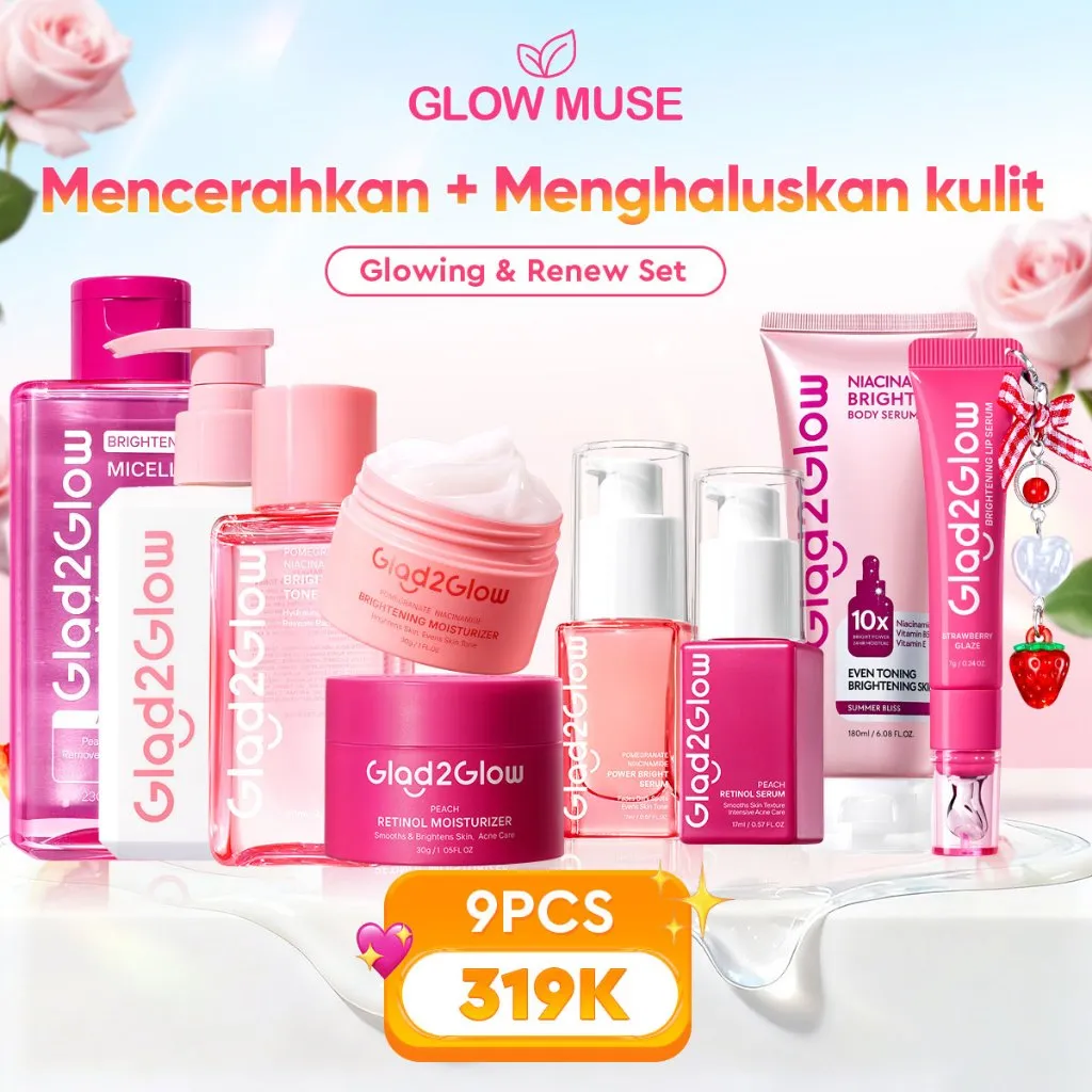Glad2Glow Glowing & Renew bundle 7in1 7pcs-Brightening toner+Brightening Moisturizer+Milk Cleanser+Brightening Serum+Retinol moisturizer Pomegranate Niacinamide Mencerahkan Wajah Mencerahkan Melembabkan Kulit skin skincare G2G