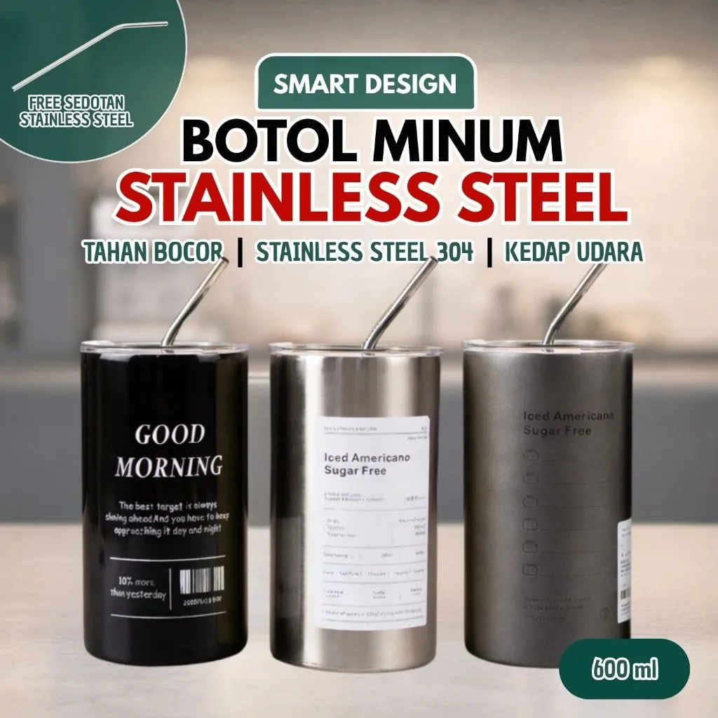 Botol Minum Tumbler Stainless Steel 600ml Smart Design,Tahan Bocor,Kedap Udara,Free Sedotan /V20A1
