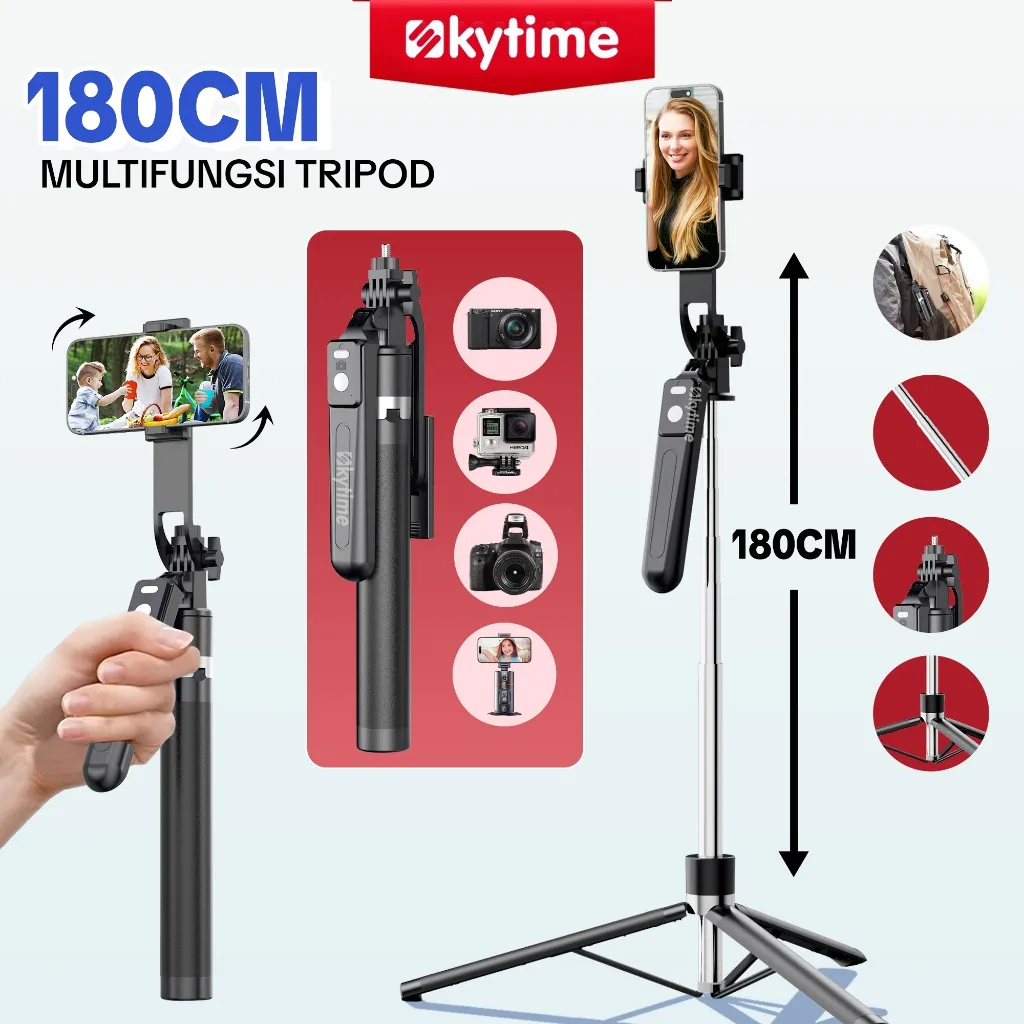 Skytime 180CM Selfie Stick Bluetooth Tongsis Tripod 4in1 LED Lamp BAG Remote Portabel Tripod Dengan 1/4 Adaptor Untuk HP Kamera DSLR - TR16S