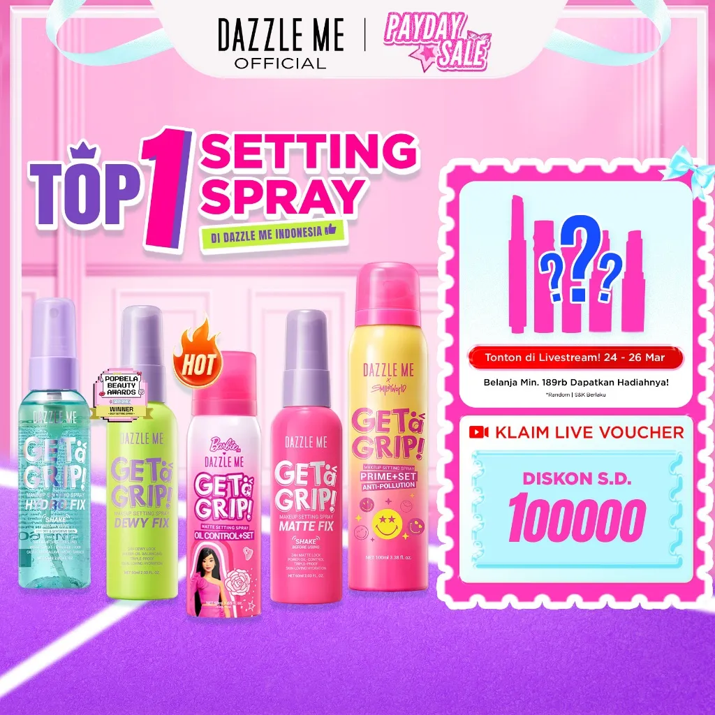 [BPOM] DAZZLE ME Get a Grip! Makeup Setting Spray Dewy Fix - Setting Spray Makeup Tahan Lama Flawless & Melembabkan Kulit 24 Jam Transferproof