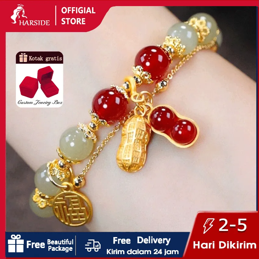 Gelang Giok Asli Wanita Batu Kacang Anti Luntur & Beruntung | Lapis Emas 18K Tahan Lama Cocok untuk Fashion Sehari-hari Giftbox Eksklusif & FREE Ongkir