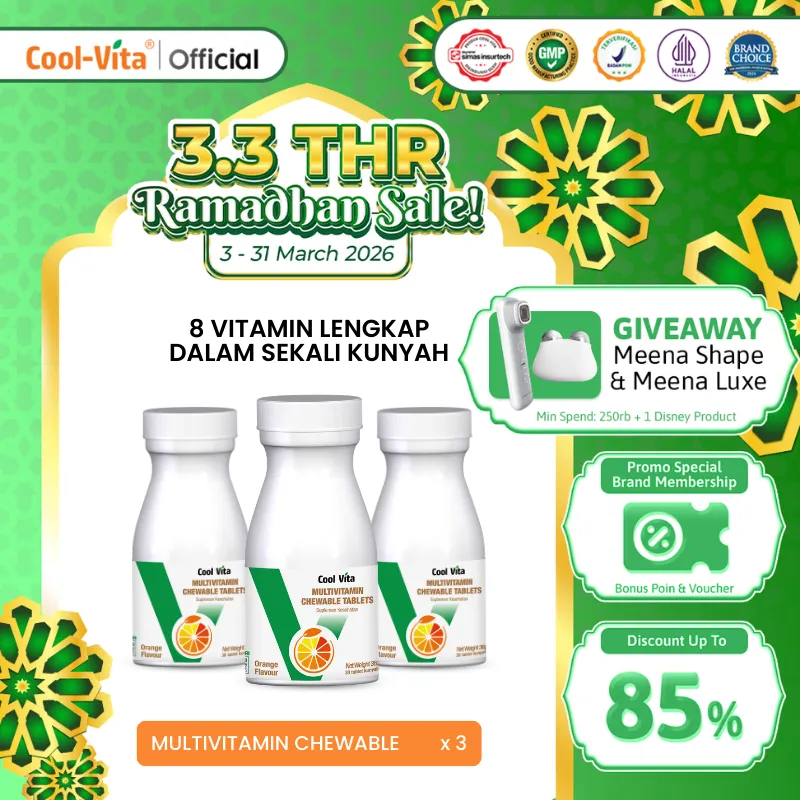 Coolvita Multivitamin Chewable Orange 3 Botol 90 Tablet - Suplemen Kunyah Rasa Jeruk untuk Membantu Memenuhi Kebutuhan Vitamin Harian Menambah Nafsu Makan | Penggemuk Badan