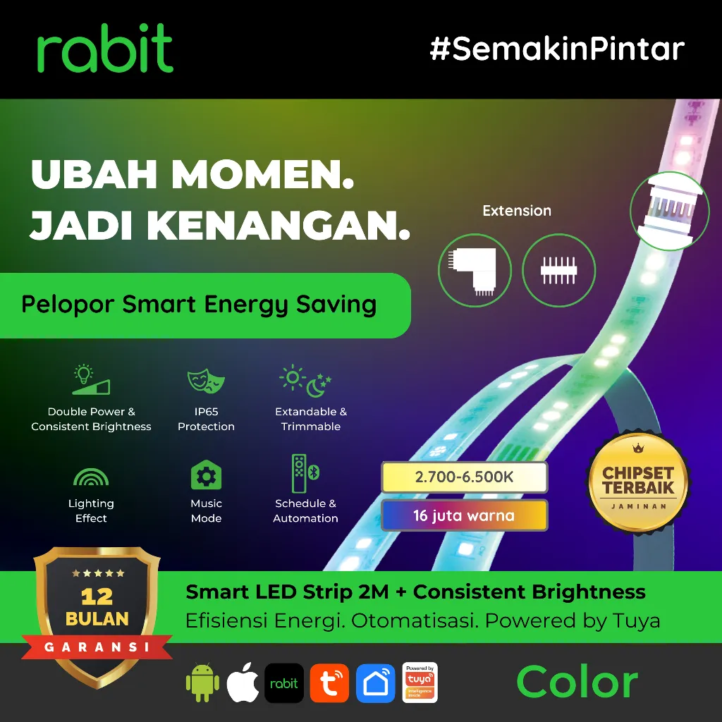 RABIT SMART LIGHT LED STRIP COLOR 2M RGB CW WW 2 METER EXTENDABLE LAMPU PINTAR WIFI IP65 WATERPROOF