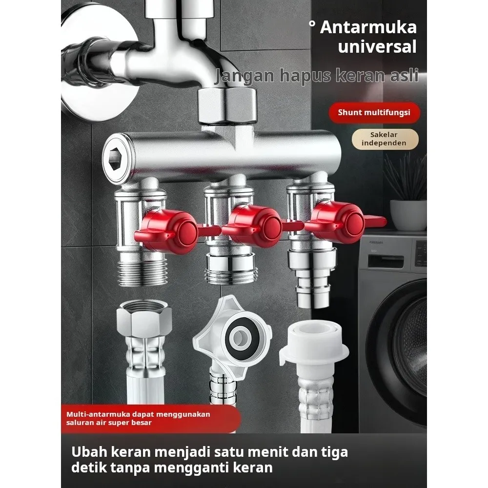Pembagi Keran Air Tembaga 3 Varian: 1 Input 2/3 Output, Switch Independen, untuk Mesin Cuci&Outdoor