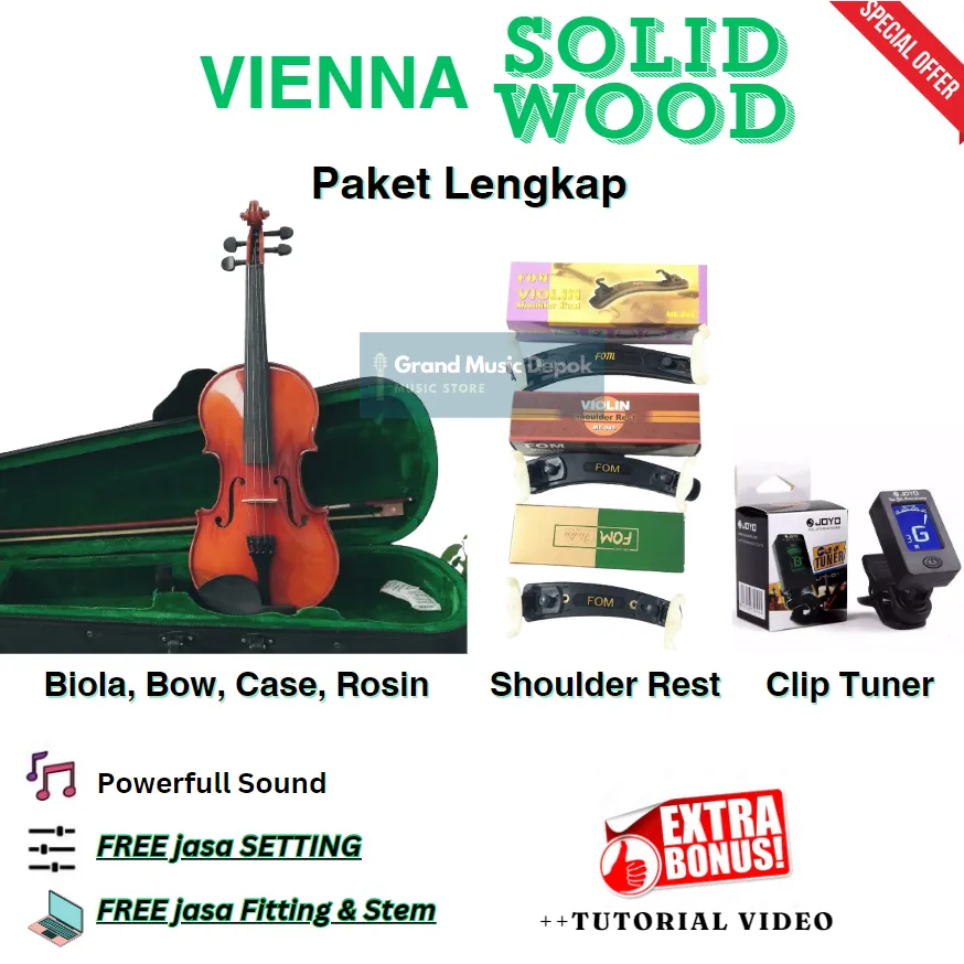 Paket Belajar Biola Vienna SOLID WOOD + OPSIONAL (Shoulder rest + Clip Tuner)