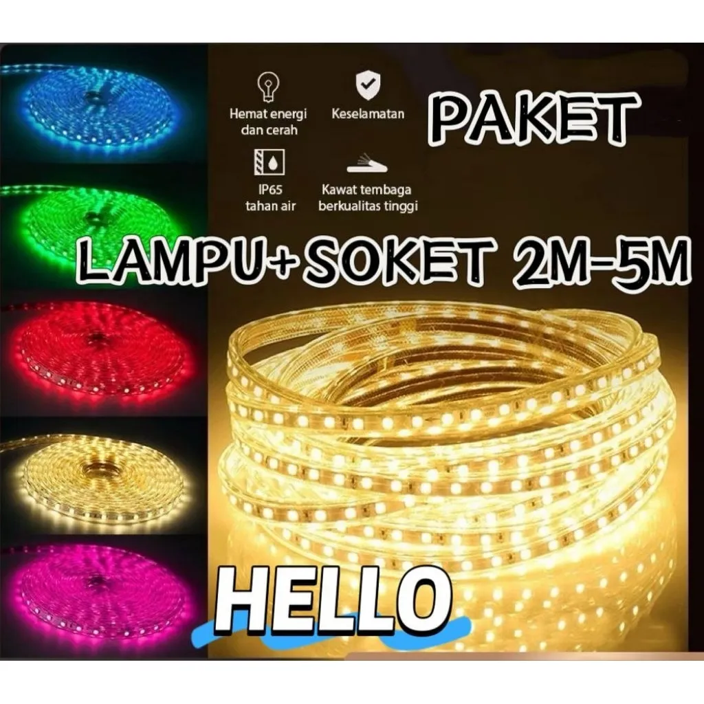 Paket Lampu Strip LED 5050 SMD 5 Meter / Lengkap Tinggal Colok  220V