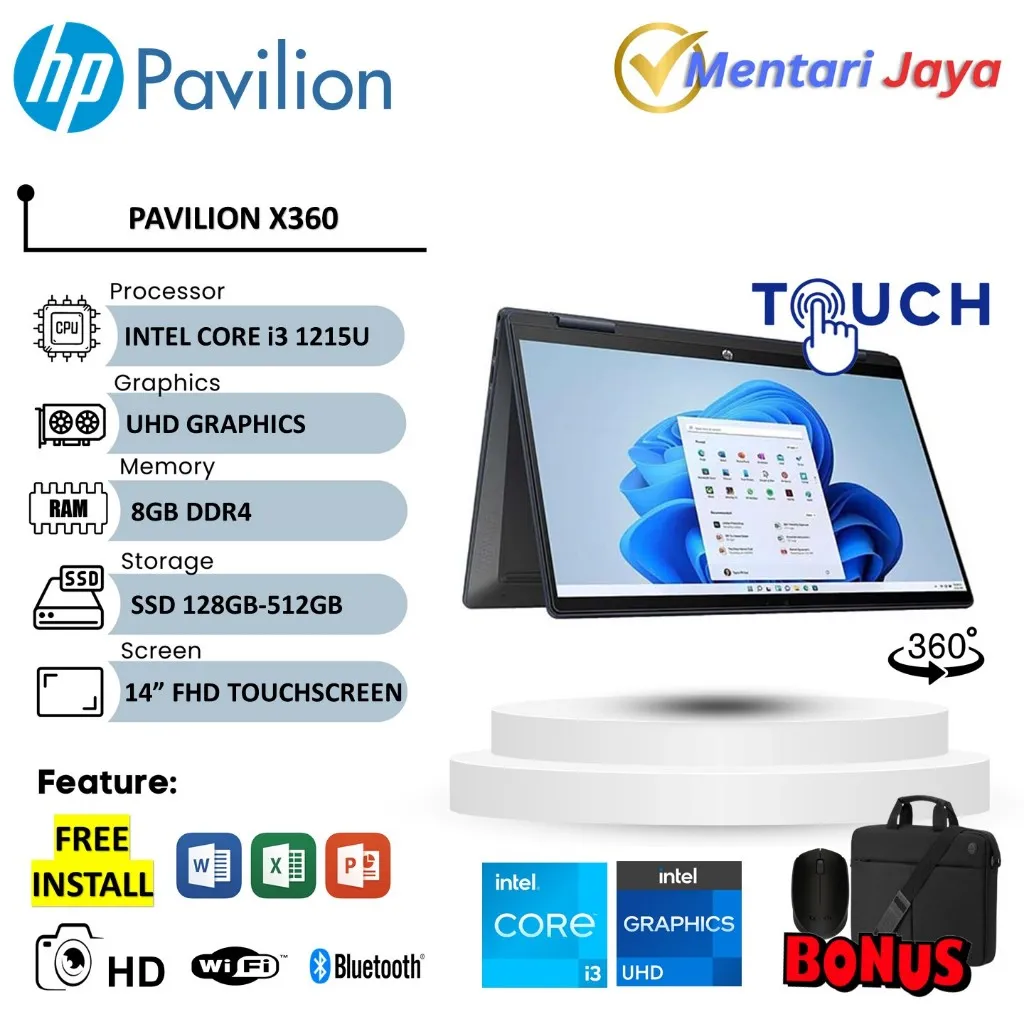 Laptop 2in1 touchscreen HP Pavilion X360 i3 1115G4 Gen 11 8GB 128GB SSD 14 HD W10