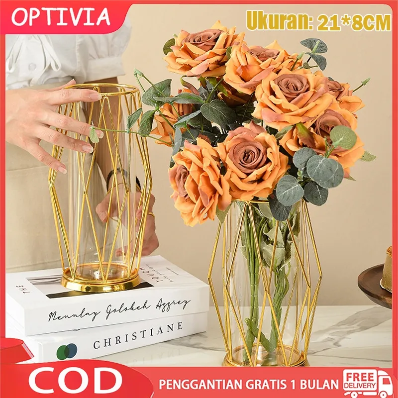 OPTIVIA Vas Kaca Mewah Dekorasi meja vas besi belah ketupat emas ringan dekorasi vas bunga tabung reaksi kaca hidroponik