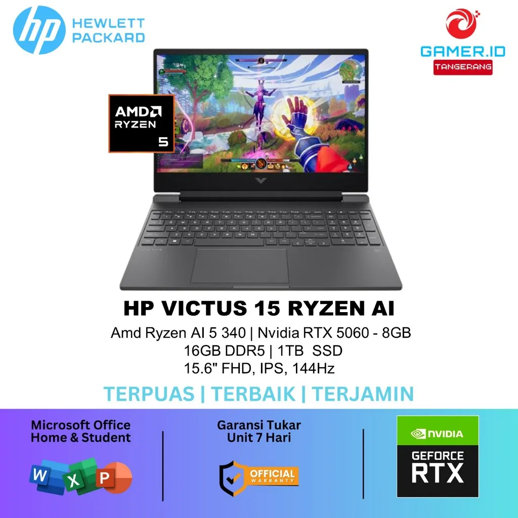 Laptop Gaming HP Victus 15 Amd Ryzen AI 5 340 16GB SSD 1TB Nvidia RTX 5060 - 8GB 15.6" Full HD IPS 144Hz Win 11 + OHS - RESMI