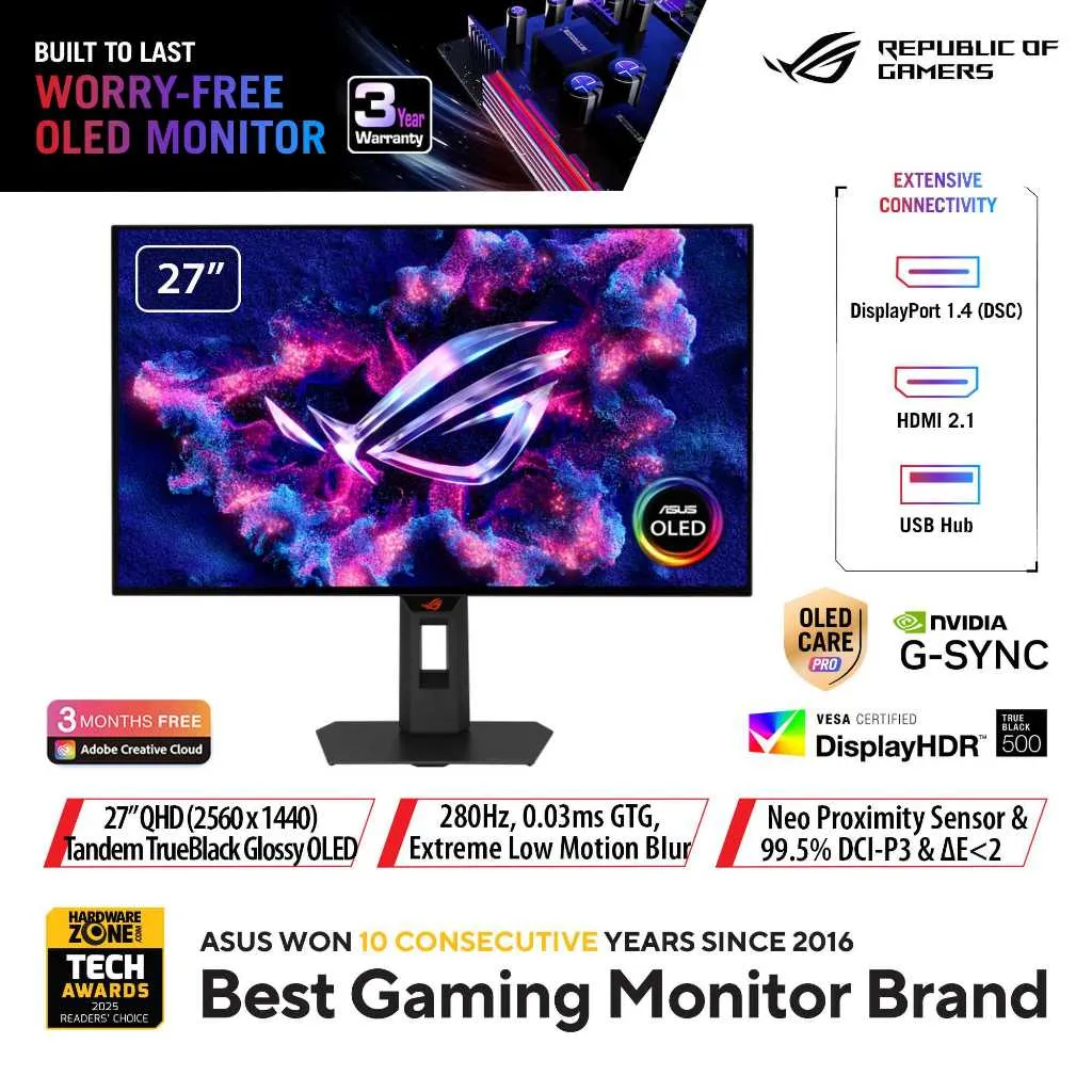 ASUS ROG Strix OLED XG27AQWMG gaming monitor 27-inch 1440p TrueBlack Glossy Tandem OLED, 280Hz, 0.03ms