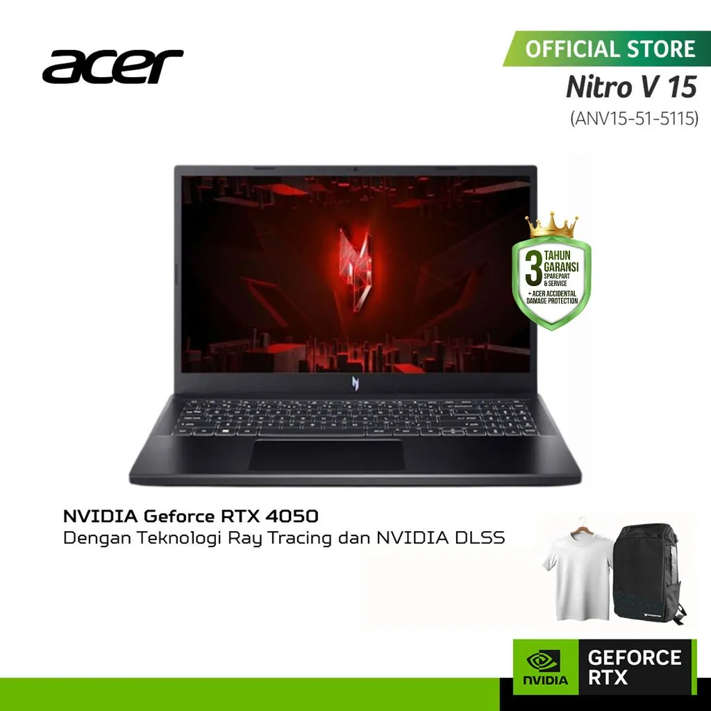 (FREE EXCLUSIVE TSHIRT) ACER LAPTOP GAMING NITRO V 15 ANV15-51-5115 GRAPHIC NVIDIA GEFORCE RTX 4050 15.6" FHD IPS INTEL CORE I5-13420H RAM 8GB STORAGE 512GB SSD WINDOWS 11
