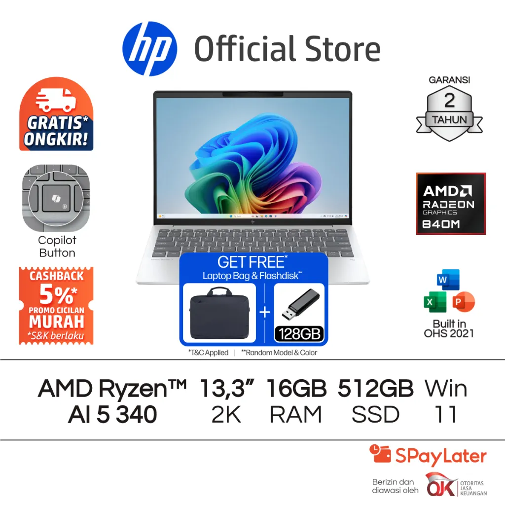 Laptop HP Pavilion Aero - OmniBook 7 Aero [NEW] AMD Ryzen 5 Radeon 16GB RAM 512GB SSD Silver / Blue Windows 11 Home 13.3 Inch Garansi 2 Tahun Promo Murah Gratis Ongkir Official Non Second