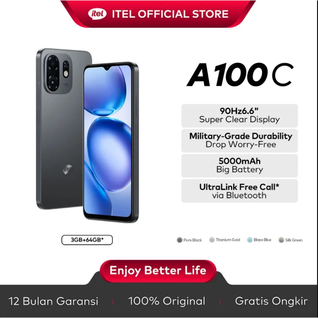 itel A100C 3+64GB Layar 6.6" 90Hz Tahan Banting Military-Grade Big Memory UltraLink Free Call 5000mAh Battery
