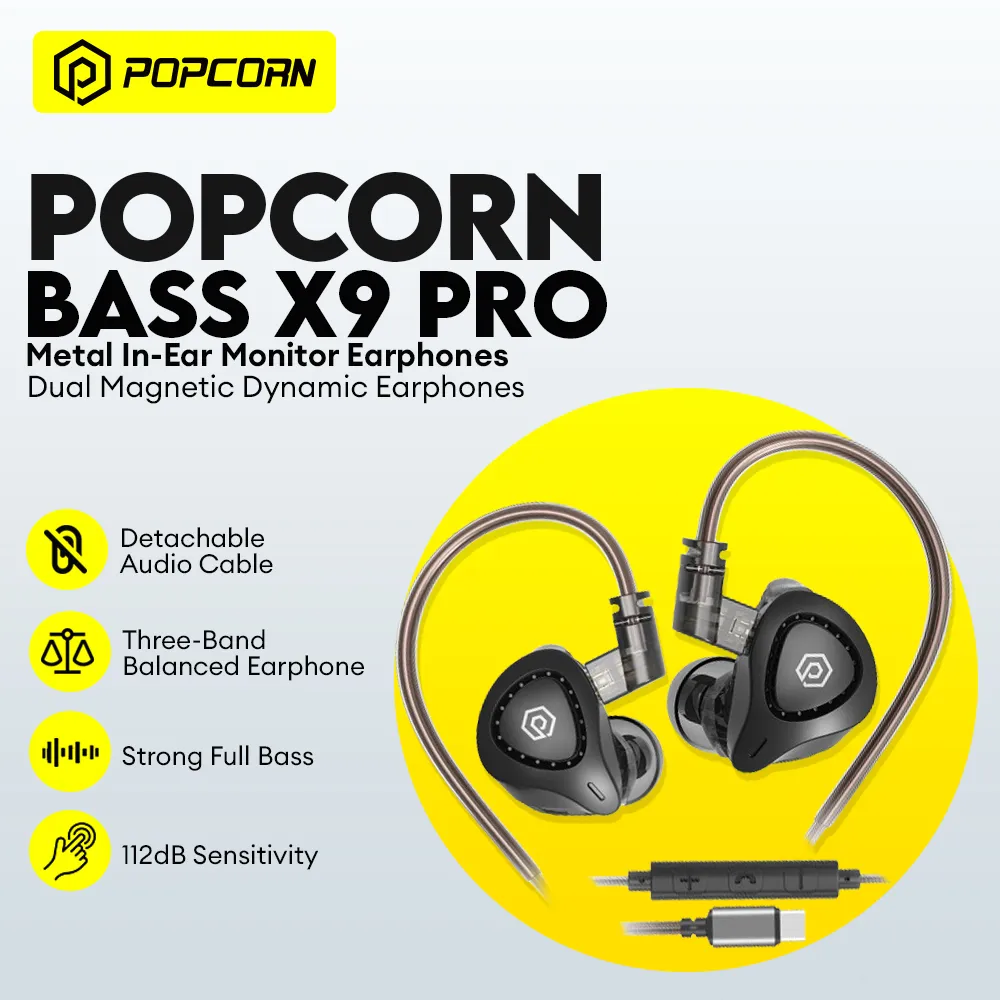 Popcorn Bass X9 Pro/X8 Pro Metal Dynamic In Ear Earphone HIFI DJ with Mic Gaming Type-c Earphone