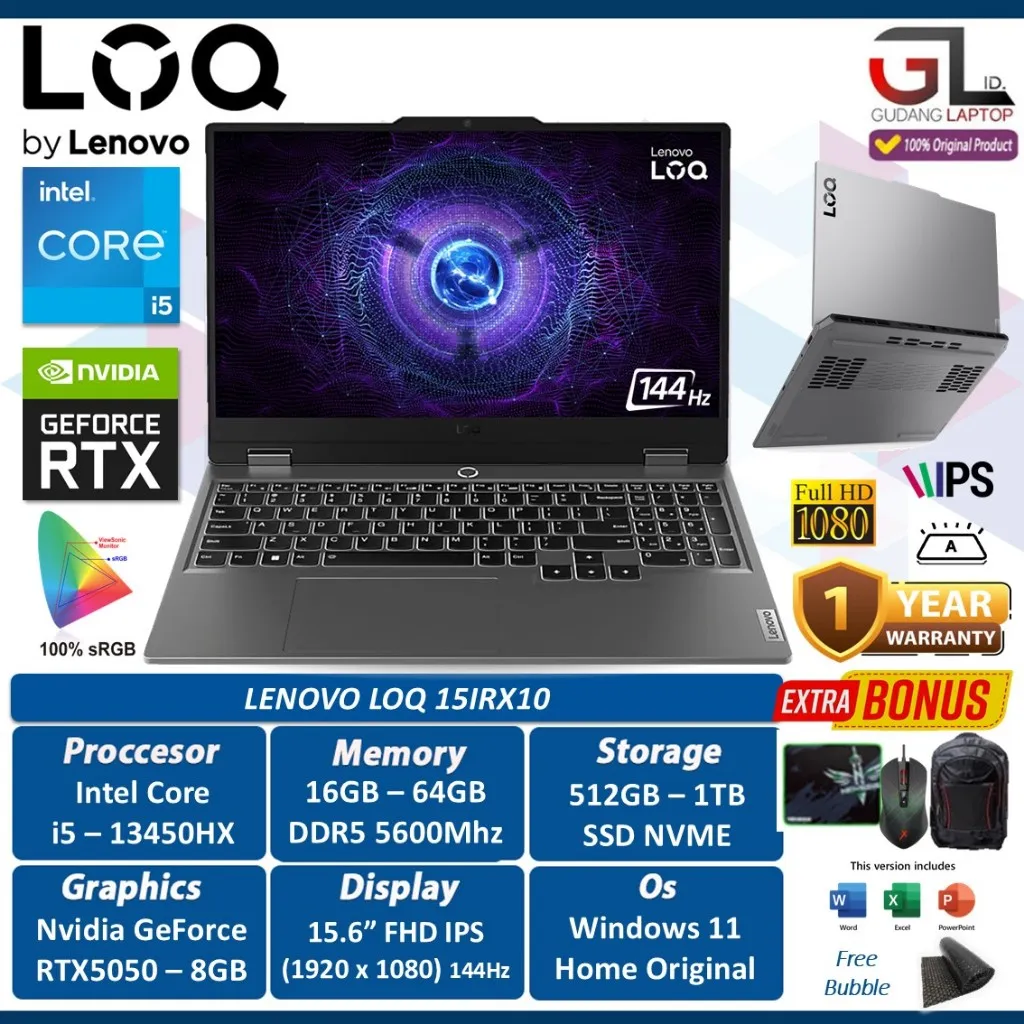 Lenovo LOQ 15IRX10 Intel i5 13450HX 64GB 1TB SSD RTX5050 15.6FHD IPS 144Hz 100% sRGB Win 11 Home