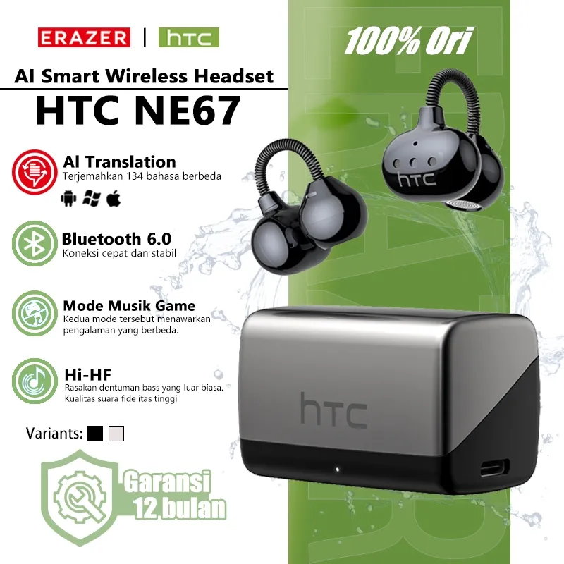 HTC NE67 TWS Bluetooth 6.0 Earclip Ear Clip Earphone Wireless AI Translator Terjemahan Bahasa ENC Noise Cancelling Open Ear Tidak Masuk Telinga Nyaman Waterproof IPX5 Headset Bass Mantap HiFi Sport Gaming Baterai Awet Original Asli