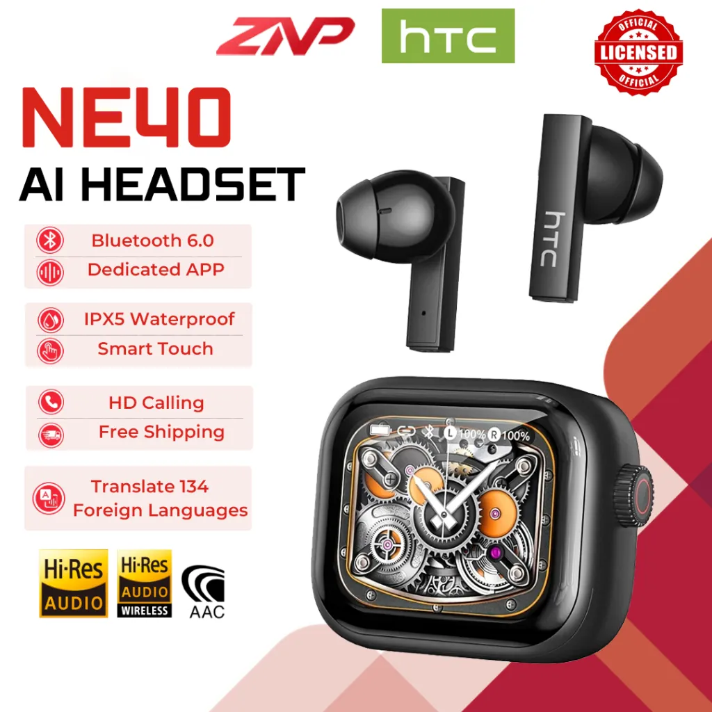 HTC NE40 Headset V6.0 AI Penerjemahan Pembatalan Bluetooth Earphone In-ear TWS Earphones dengan LED Gratis Ongkir Ada hadiah