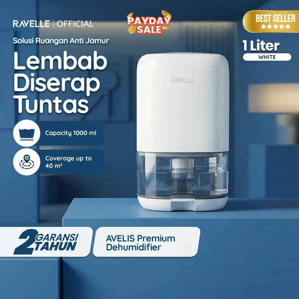 Ravelle Avelis Dehumidifier 1L Pengering Udara Hemat Listrik 40W Senyap Auto Off Ruangan 20m²