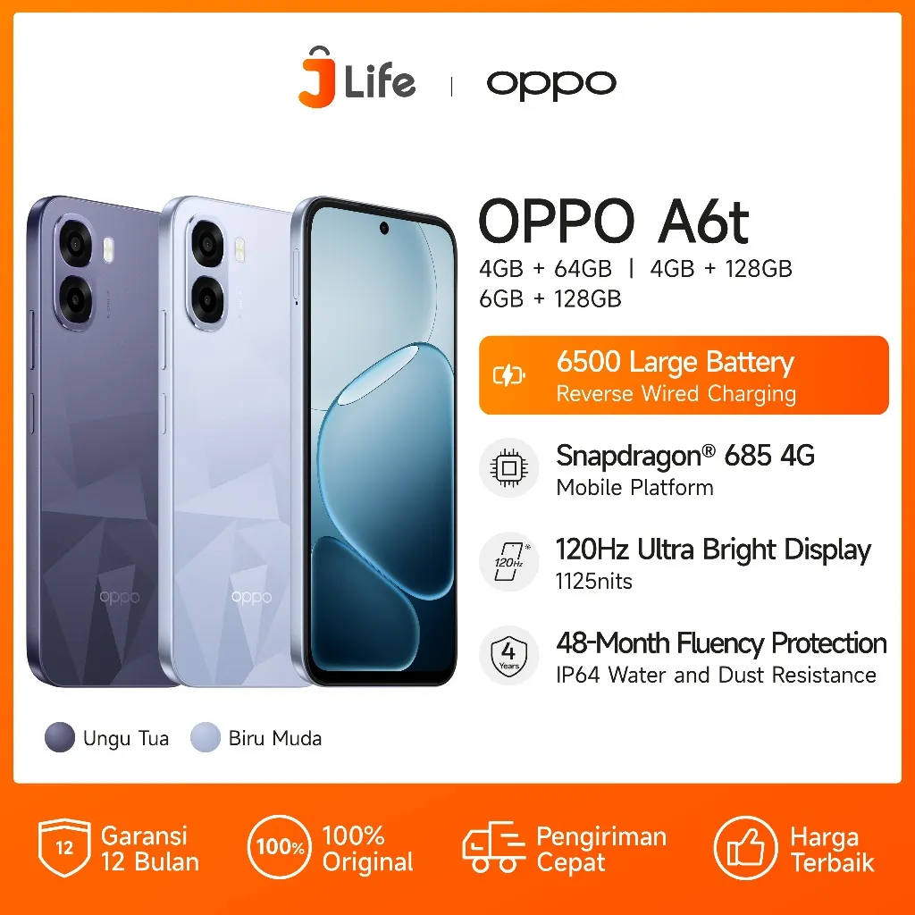 [BARU] Jlife - OPPO A6t Online Exclusive 4GB+64GB/128GB & 6GB+128GB [Snapdragon 685, 6500mAh Large Battery, 120Hz Ultra High Refresh Rate]