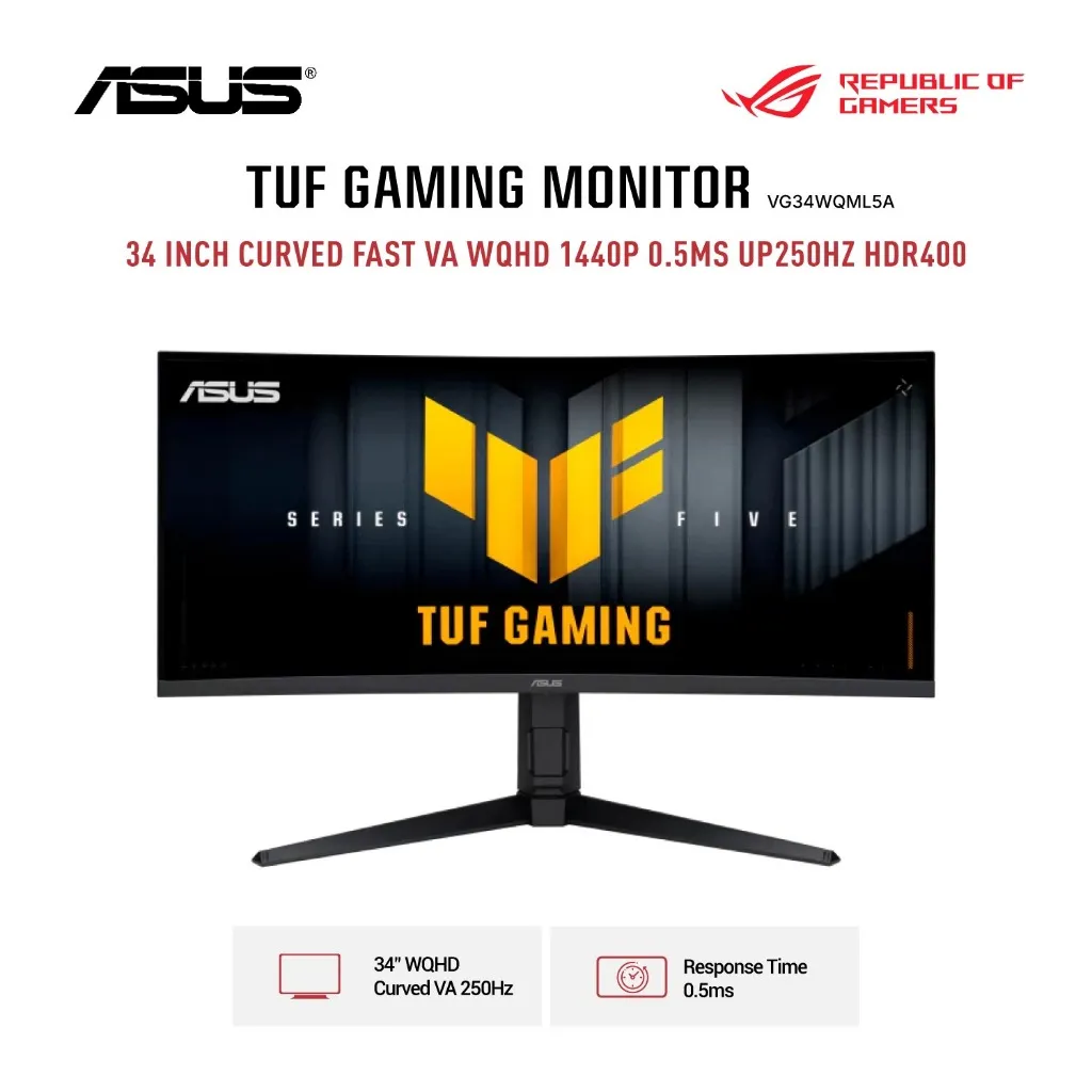 ASUS GAMING MONITOR 34 INCH TUF GAMING VG34WQML5A CURVED FAST VA WQHD 1440P 0.5MS UP250HZ HDR400 ERGONOMIC 3Y