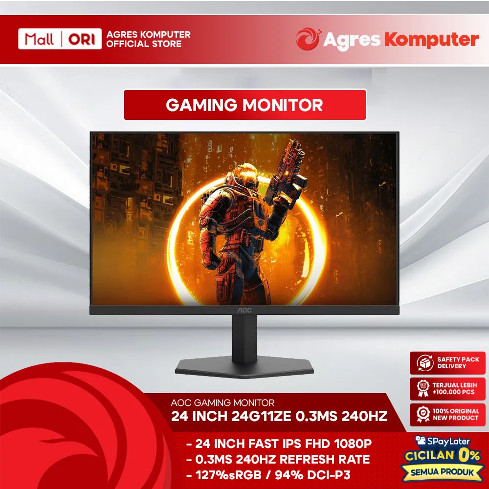 AOC GAMING MONITOR 24 INCH 24G11ZE FAST IPS FHD 1080P 0.3MS 240HZ AOC G-MENU HDR10 3Y