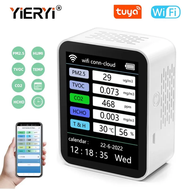 Tuya Air Quality Monitor PM2.5 Temperature Humidity TVOC Formaldehyde Carbon Dioxide Meter For Indoor Office Hotel | 2.025.0312 | THE01838B