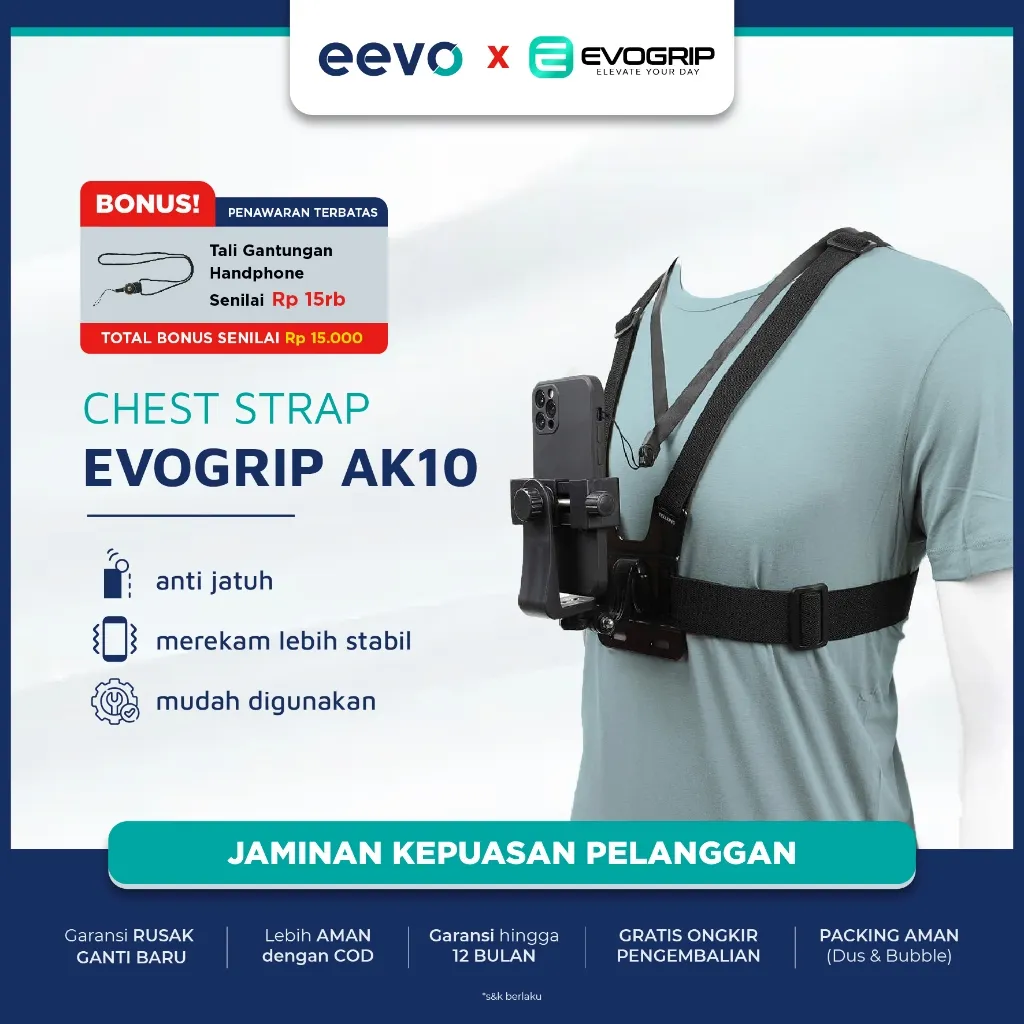 Chest Strap Hp evogrip AK10 Holder tali dada Handphone GO PRO HERO Action Cam POV Clip Clamp di badan tubuh Body Mount Vlog