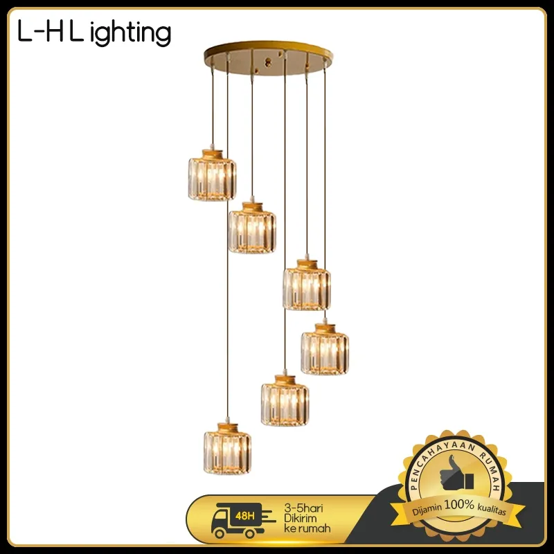 LH Lighting - Lampu gantung panjang tangga lampu kristal loteng lampu restoran Nordik lampu hias kamar tidur langit-langit tinggi 22