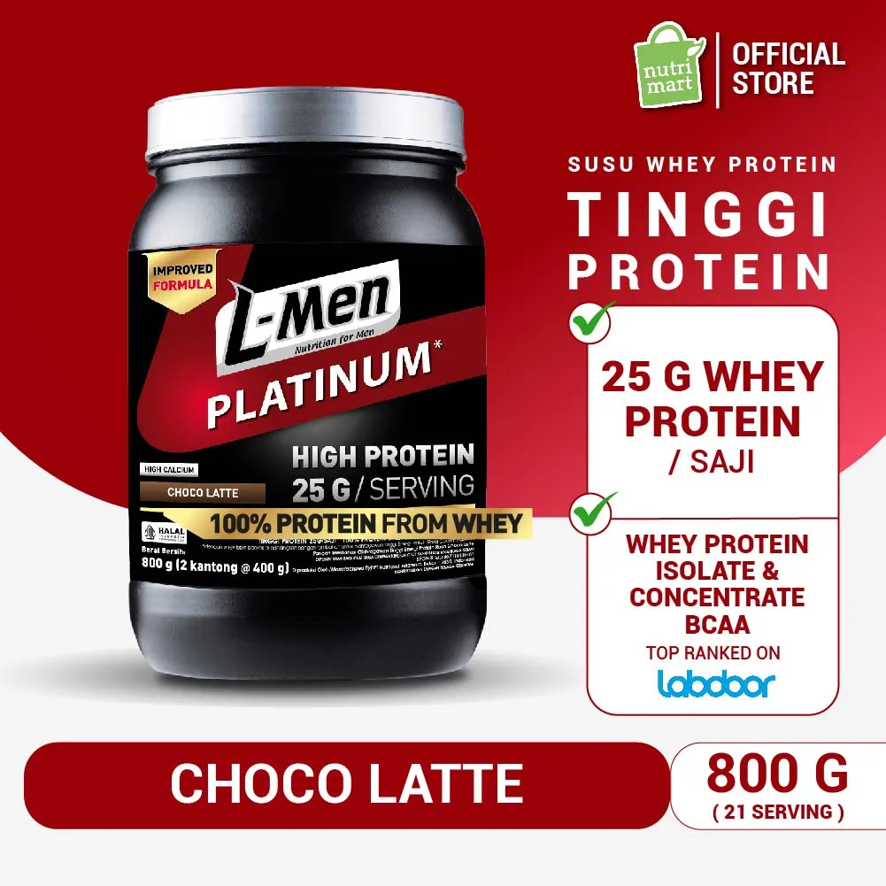 L-Men Platinum Choco Latte 800gram (25 g protein/serving) -1,7 lbs- Suplemen Tinggi Whey Protein Rendah Lemak
