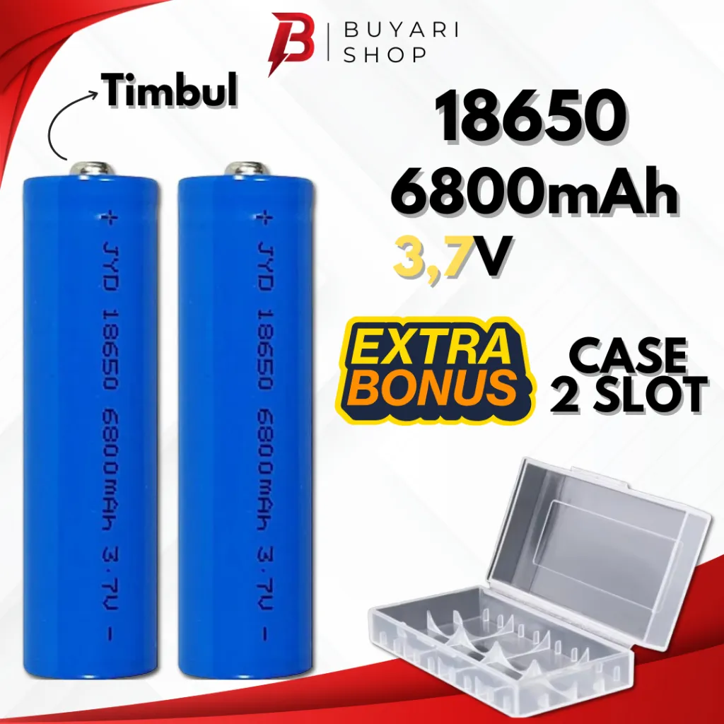 Baterai Senter Li-ion 18650 3.7V 6800 mAhTIMBUL (2 PCS) BONUS CASE 2 Slot