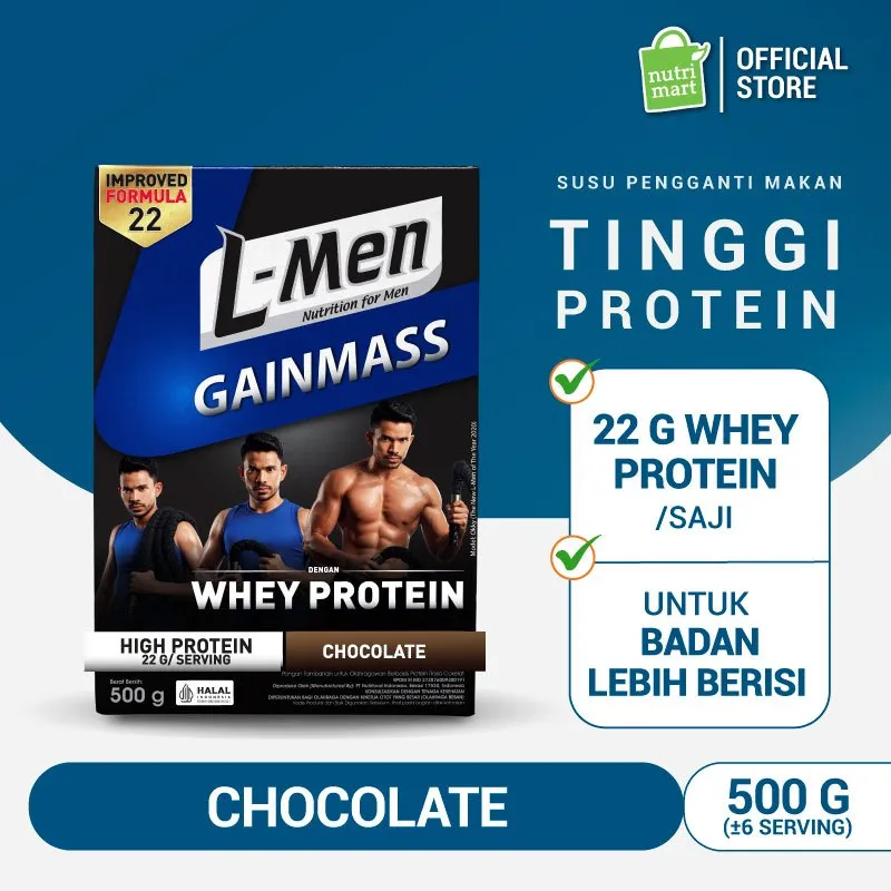 [FREE L-Men Protein Crunch 20gr] L-Men Gain Mass Chocolate 500 g - Suplemen Penambah Massa Otot Tinggi Whey Protein