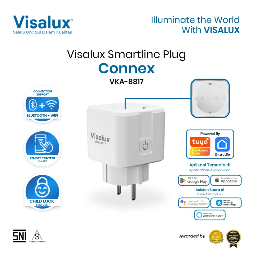 Visalux Connex Smartline Plug 2 Pin Bluetooth + WiFi - Colokan Stop Kontak Kaki 2 Steker Pintar Wireless IoT Smart Home (SMART-VKA8817)