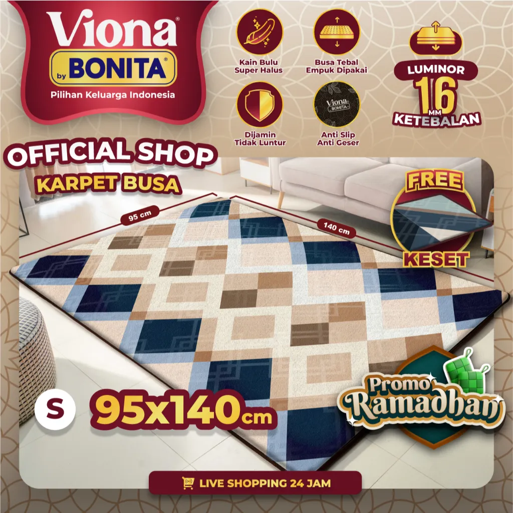 [95x140] Karpet Busa Malaysia Motif Minimalis 16mm – Anti Selip | Viona Bonita