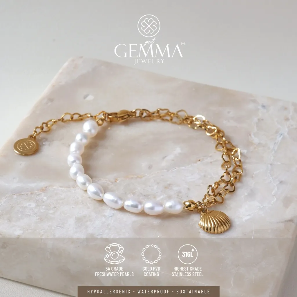 Gemma Jewelry - Celia Pearl Bracelet | Freshwater Pearl & Stainless Steel PVD | Gelang Mutiara Asli | Get Gemma Jewelry