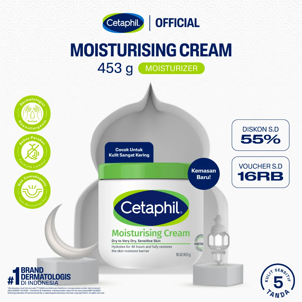 Cetaphil Moisturizing Cream 453g dengan Sunflower Oil, Vitamin E dan Almond Oil Pelembap Wajah & Kulit untuk Kulit Sangat Kering dan Sensitif