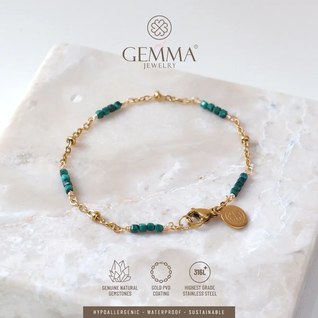 Gemma Jewelry - Paula Malachite Dainty Bracelet | Gemstone & Stainless Steel PVD Anti Karat | Gelang Batu Alam Asli